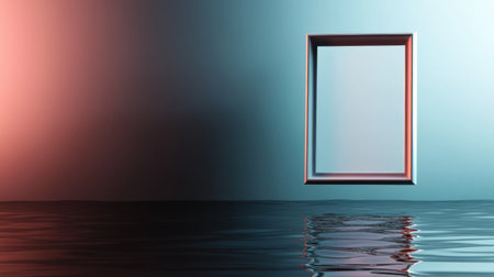 An Empty picture frame floating above reflective water surfaceの素材