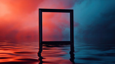 An Empty picture frame floating above reflective water surfaceの素材