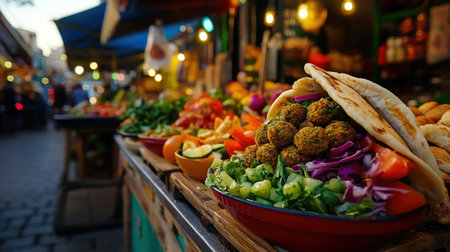 A Fresh falafel in pita with vibrant vegetables at marketの素材