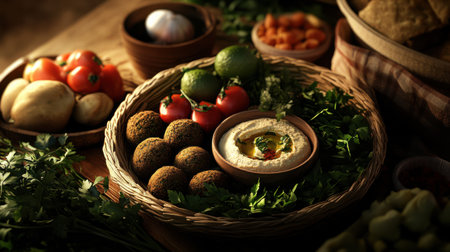 A Delicious falafel and hummus served with fresh vegetablesの素材