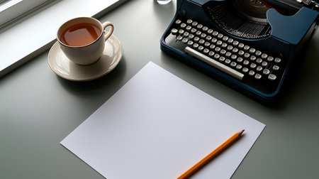 A vintage typewriter with cup of tea and blank paperの素材