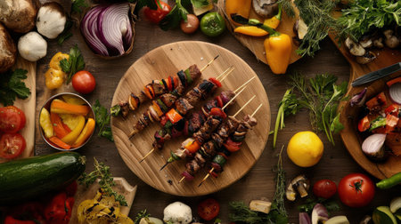 A Delicious steak skewers with colorful vegetables and herbsの素材