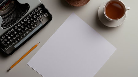 A vintage typewriter with blank paper and cup of teaの素材