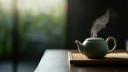 A Freshly brewed green tea in ceramic teapot with steamの素材