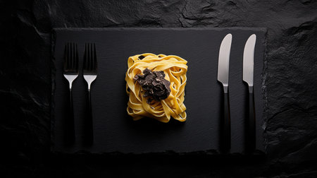 A Fresh homemade tagliatelle with truffle sauce on slate plateの素材