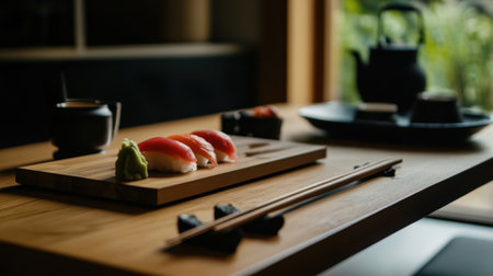 A Fresh sushi on wooden table with wasabi and teaの素材
