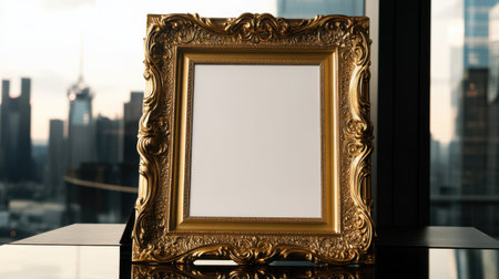A Golden ornate picture frame with white center, elegant designの素材