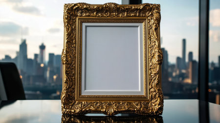 An Elegant golden ornate picture frame with blank centerの素材