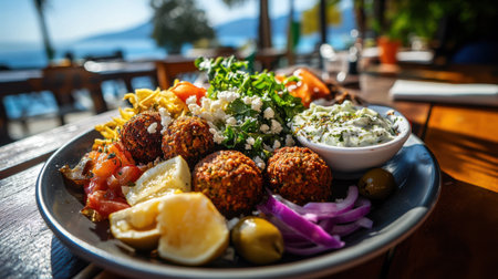 A Delicious Greek style falafel with fresh vegetables and tzatzikiの素材