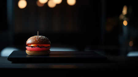 A Juicy gourmet burger with toppings on dark plateの素材