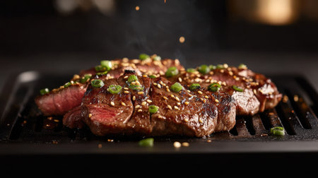 A Grilled steak with sesame seeds and green onionsの素材