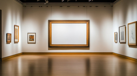 A Large empty picture frame in art gallery with paintingsの素材