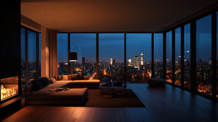 A Luxurious modern penthouse with stunning city views at nightの素材