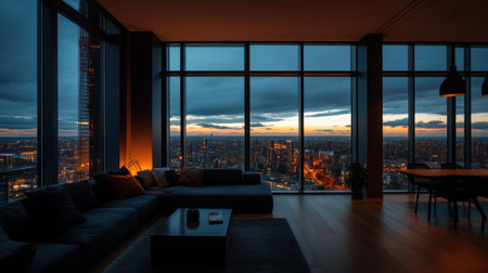 A Luxurious modern penthouse with stunning city skyline viewの素材