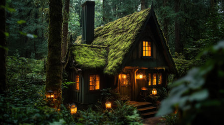 A magical cottage nestled in lush forest, glowing warmlyの素材