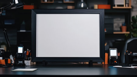 A Large black frame with white canvas on deskの素材