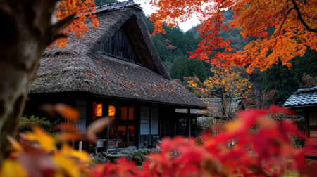 An Old fashioned rural Japanese home with thatched roof and autumnの素材