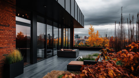 A Modern urban loft with autumn foliage and city viewの素材