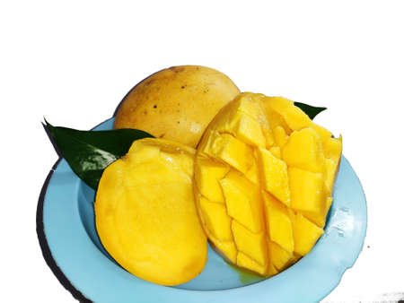 Fresh,Juicy and tasty Mangoes in blue plate on white back ground , Selective Focus.