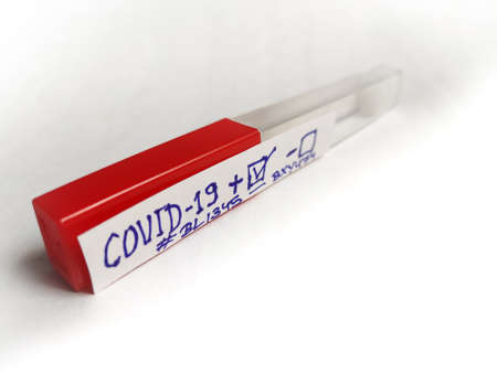 MicA tube of biological sample contaminated by corona virus with label covid-19 ,Tube sample of...