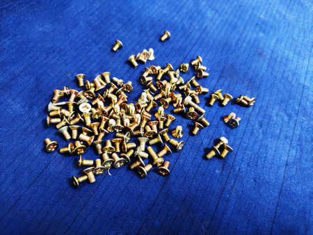 Screws small size counter shank plus head flat nose on blue background.