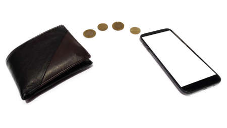 People sending and receiving money wireless with from wallet to mobile phone, remittance. smart phone and purse with cash and coins transfer using banking payment appの写真素材