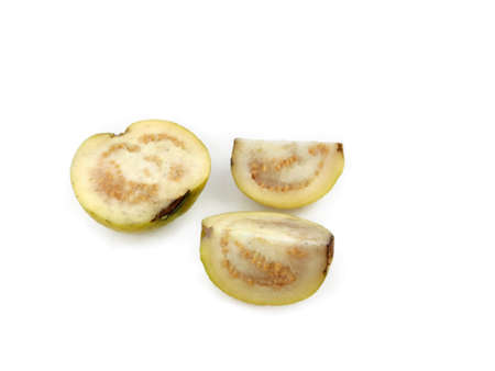 Guava amrud cut slices white pulp with Space for textの写真素材