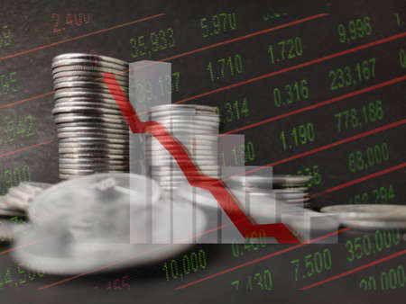 Coin stack step down graph with red arrow, Risk management business financial and investment, Copy spaceの写真素材