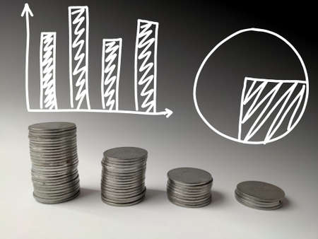 Coin stack step down graph with bar and pie chart , Risk management business financial and investment, Copy spaceの写真素材
