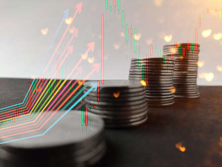 Coins stack increasing trend with trend line double exposure image