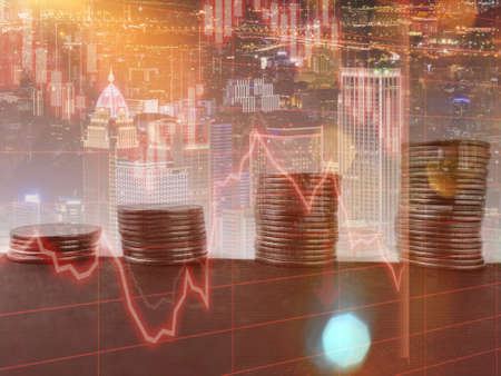 Coins stack increasing trend with trend line double exposure imageの写真素材
