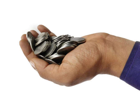 Silver coins in hand side and top view on white backgroundの写真素材