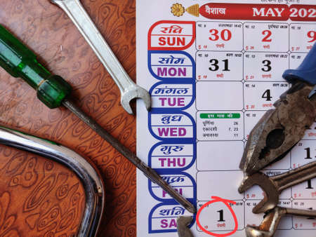May calander with circle on 1st symbolises May day or Labour day conceptの写真素材