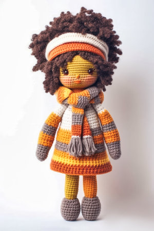 Handmade knitted doll with afro hair isolated on white backgroundの素材
