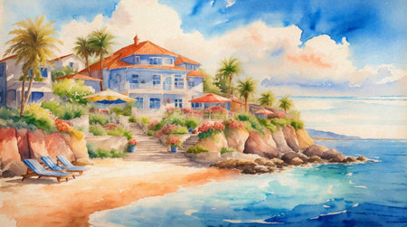 Colorful artistic landscape with beach, water, sky, clouds.の素材