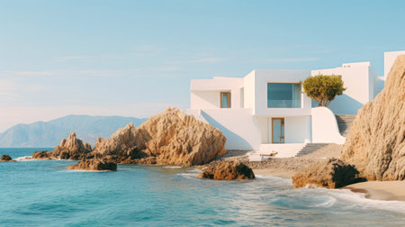 White house on the coast of the Aegean Sea, Greeceの素材