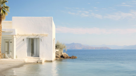 White house on the beach with sea view, Crete, Greeceの素材