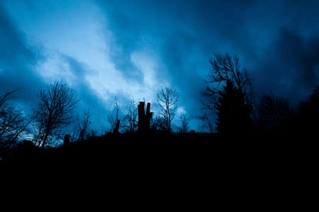 mystic landscape with cloudy sky while the blue hour
