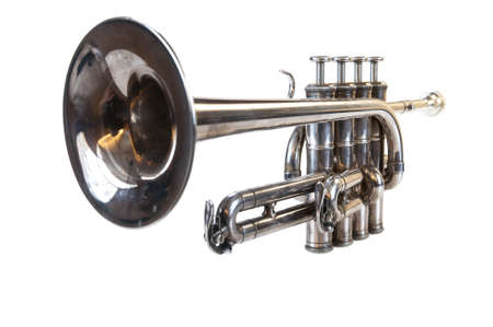 Isolated classical silver music trumpet in perspective on white backgroundの写真素材