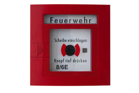 red box with black alarm button for calling the fire department or brigadeの写真素材