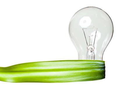 a light bulb with a green leaf ribbon as symbol for clean renewable energy on white background 