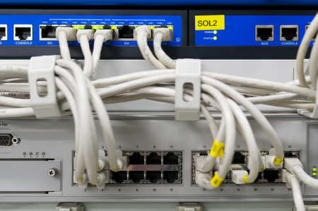 IT environment with switch and firewalls connected with grey patch ethernet cables