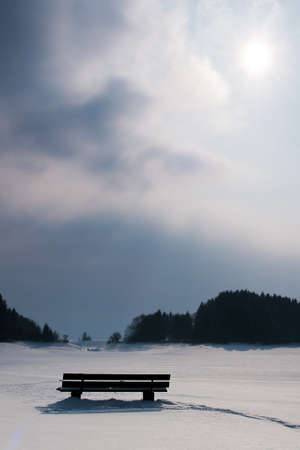 track to a seat bench in the snow and a forrest in the back with blue cloudy skyの写真素材