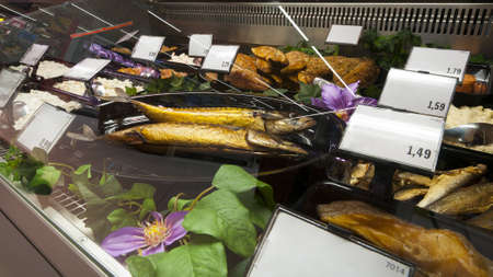 several kind of fishes as trout, carp displayed behind a showcase window of a shopping mallの写真素材