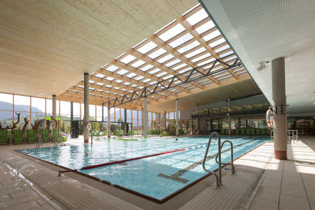 interior view of swimming bath with pool with indoor lapsの写真素材