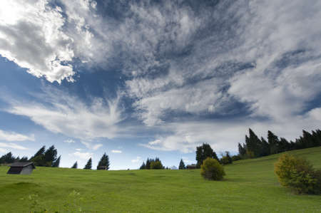 idyllic mountain meadow with clouds and trees at autumnの写真素材
