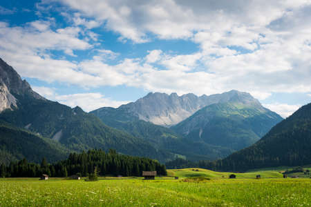 meadow landscape with mountains and wooden chaletsの写真素材