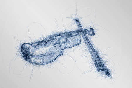 computer generated blue pen sketch of classic violin on white backgroundの写真素材
