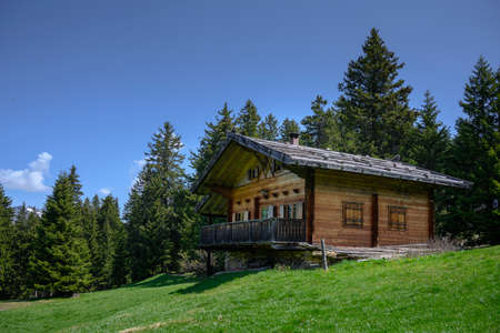 wooden chalet on green mountain meadow in alps of Alto Adige, South Tyrol, Italy, Europeの写真素材