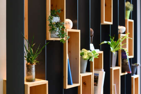 view to a black metal and wooden design wall with plant and book decorationの写真素材